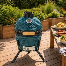 Neo Kamado 13" In Blue Ceramic Mini BBQ Grill Smoker Egg Charcoal Cooking Oven, Portable Oven and Smoker with Stand